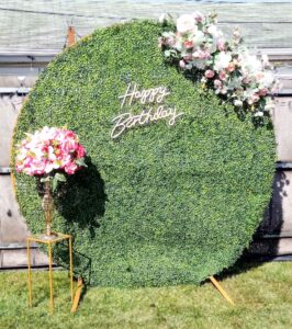 ROUND GREENERY WALL WITH OUR ARTIFICAL PINK AND BLUSH FLORAL COLLECTION AND LED SIGN